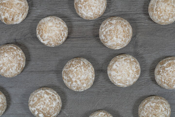 Sweet gingerbread cookies in sugar glaze. Gingerbread background.