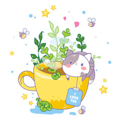 Vector cartoon art. Kawaii tea cup with tea, fat cat and cute plants around, branch, leaves, stars and funny smiling bees. Tea bag label with “I love tea” text. Perfect for tea houses design