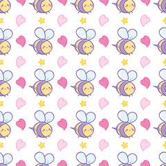 Vector seamless pattern, cute kids design. Kawaii anime smiling bees with hearts and stars on white background. Funny design. Perfect for wallpaper, paper, background, textures, ornament