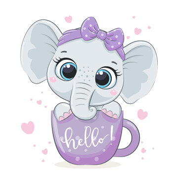 Cute baby elephant in cup. Vector illustration for baby shower, greeting card, party invitation, fashion clothes t-shirt print.