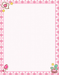 Vector printing paper note with dotted sheet (bullet journal style) for notebook, diary, letters, planners, notes. Kawaii plant in teacup on cute pink background, stars, mushrooms, A4 size