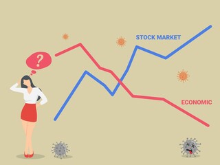 Stock market rising up in economic downturn recession due to Coronavirus COVID-19 outbreak concept, businessman investor confusing with infographic show economic recession and stock market rise up.