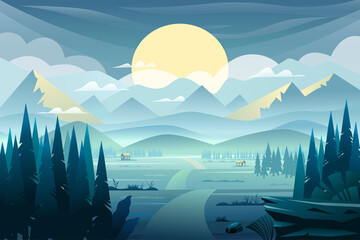 Vector landscape with mountains, sunset and fir-trees.