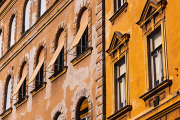 Close shot of balconies of a house in central Budapest.