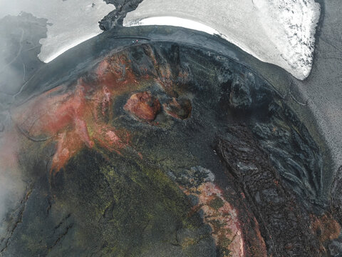 Aerial view of a volcanic crater in Iceland.