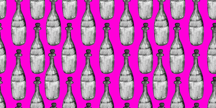 Seamless pattern with wine bottles with corks. Black and white glass bottles on green, blue, pink background. Perfect for wrapping paper, textile, menu and card design.
