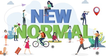New normal concept illustration with tiny peoples doing activities. New normal after Covid-19 pandemic concept