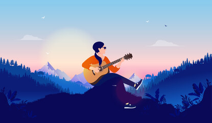 Female singer and songwriter - Woman playing guitar late evening with nature and sunset in background. Vector illustration. - obrazy, fototapety, plakaty