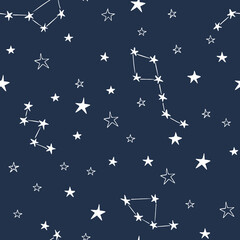 Stars constellations seamless pattern design hand-drawn on blue background. Space, universe, stars, ursa major, ursa minor, cassiopeia,  - fabric wrapping, textile, wallpaper, apparel design.