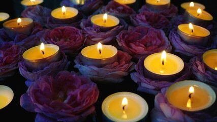Tealights candles on the rose petals