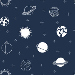Planets and stars seamless pattern design hand-drawn on blue background. Space, universe, planets - fabric wrapping, textile, wallpaper, apparel design.