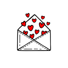 Message with love. Mail icons elements in doodle style. Envelopes for Love card. Hand drawing sketch letters. Valentine's day symbol.