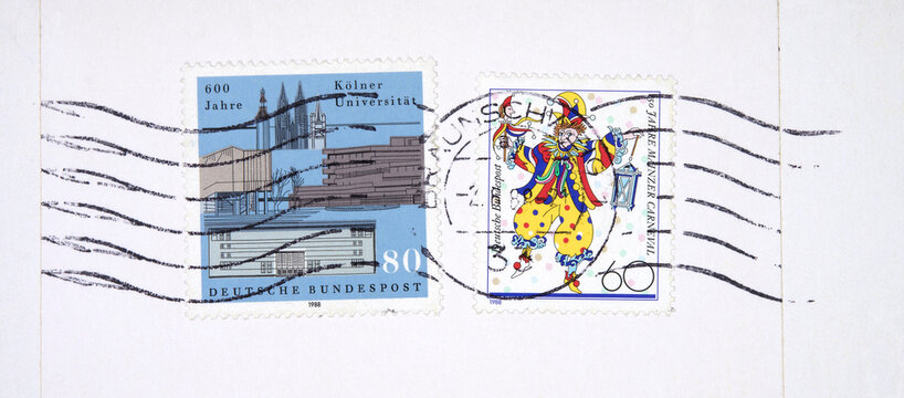 Briefmarken stamps vintage retro alt old gestempelt used post letter mail brief Kasper kölner karneval 600 jahre kölner universität 80 gebäude campus 60