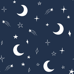 Obraz na płótnie Canvas Moon and stars vector seamless pattern design hand-drawn on blue background. Space, universe, moon, falling stars - fabric wrapping, textile, wallpaper, apparel design.