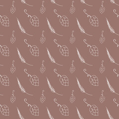 Cute kawaii square pattern of wheat spikelets and grains on a brown background isolate. Digital contour doodle art. Print for packaging, brand, wrapping paper, textiles, restaurant menu, bar