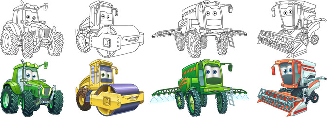 Coloring pages for kids. Colorful farm cars collection.