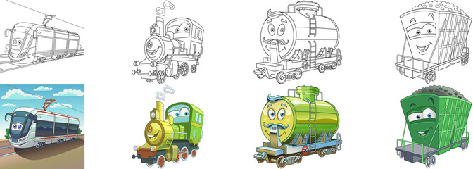 Coloring pages for kids. Colorful railway cars collection.