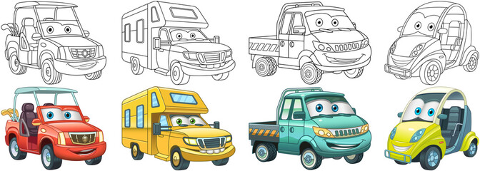 Obraz na płótnie Canvas Coloring pages for kids. Colorful cars collection.