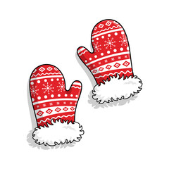 Pair of knitted christmas mittens isolated on white background. Vector illustration. Santa mitten icon. Christmas greeting card with mittens.
