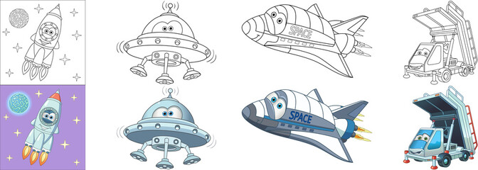 Coloring pages for kids. Colorful space ships collection.