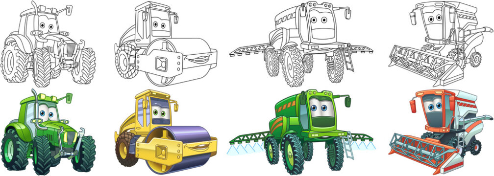 Coloring pages for kids. Colorful farm cars collection.