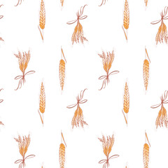 Cute kawaii square pattern of spikelets of sprigs of wheat and grains on a white background isolate. Digital watercolor art. Print for packaging, brand, wrapping paper, textiles, restaurant menu, bar