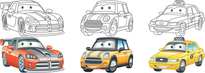 Fototapeta premium Coloring pages for kids. Colorful cars collection.