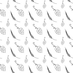 Obraz premium Cute kawaii square pattern of wheat spikelets and grains on a white background isolate. Digital contour doodle art. Print for packaging, brand, wrapping paper, textiles, restaurant menu, bar
