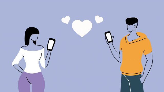 young couple lovers characters with smartphones
