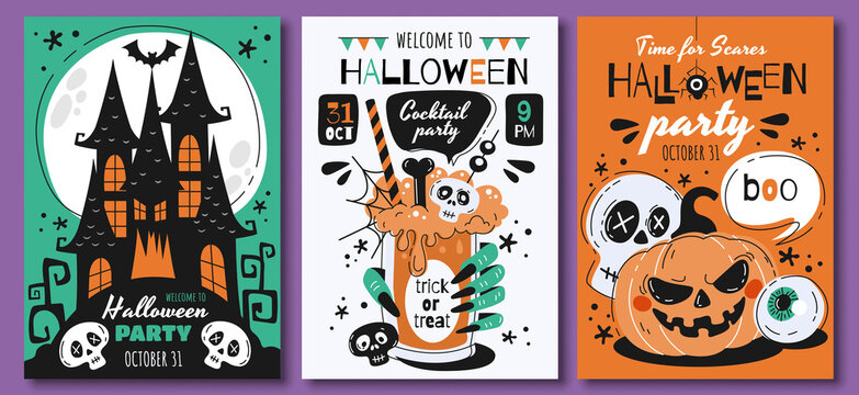 Triplet of scary Halloween poster designs or party invitations with haunted houses, bats, skulls, jack-o-lantern pumpkin and assorted text, colored vector illustration