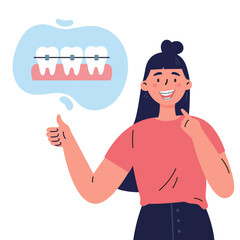 Trendy young woman with teeth braces.Dental care.Woman smiling and showing her smile with dental braces.Vector cartoon illustration isolated on white background.Colorful flat style.Character design