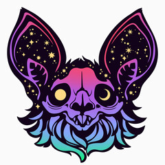 bat head in a bright multicolored palette with cosmic motifs