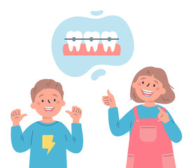 Trendy kids with teeth braces.Dental care.Teenagersr smiling and showing their smile with dental braces.Vector cartoon illustration isolated on white background.Colorful flat style.Character design.