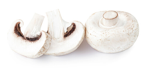 Fresh champignon mushrooms, isolated on white background. Edibl mushrooms close up.