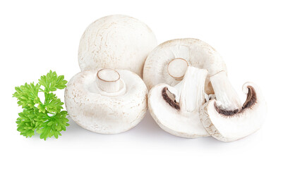 Fresh champignon mushrooms, isolated on white background. Edible mushrooms with parsley herbs close up.