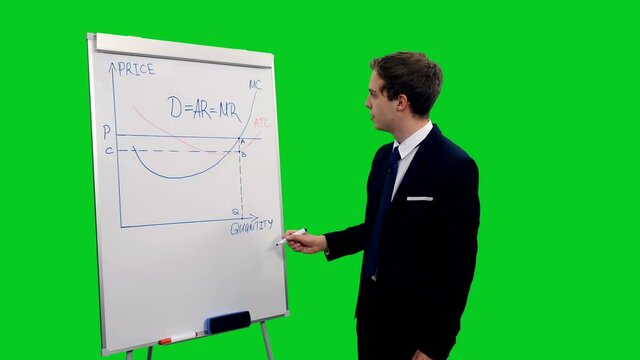 Young business man in suit explaining production function on white board during financial team meeting against green screen background, chroma key 4k footage 