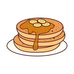 delicious pancake with syrup in dish, on white background