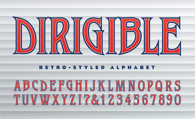 Vector Retro Alphabet  A Condensed Font with Large Pointed Serifs. This Lettering is Similar to Both 1930s Art Deco Type and 1960s or 1970s Rock Album Graphics. Dirigible Means Zeppelin or Blimp. © Mysterylab