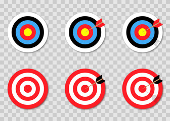 Archery target with arrow, full colour, and red/white. Vector illustration, transparent.