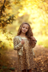 Autumn portrait of adorable smiling little girl child in leaves in the park outdoors closeup