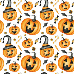 Happy Halloween seamless pattern with Jack O' Lantern pumpkins, candy sweets holiday party decorations. Watercolor Cartoon background illustration. Halloween spooky cemetery scrapbook paper.