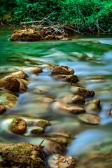 Colorful waterfall landscape. Gurleyik stream with long exposure, Mihaliccik, Eskisehir, Turkey.