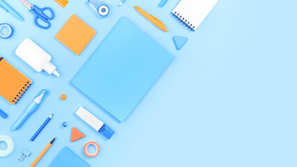 Assorted office and school white orange and blue stationery on pastel background as corner border....