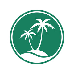 Resort logo with sea and coconut palms view. Icon tropical island. Vector illustration. 