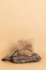 Empty podium for products presentation. Display stand ove neutral color background