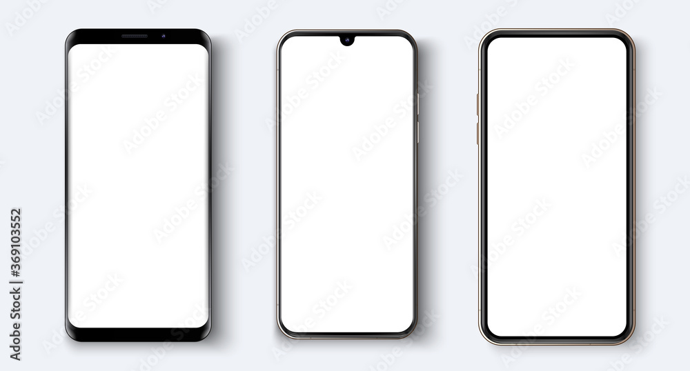 Poster realistic white vector smartphone. various smartphone models. 3d realistic phone template for insert