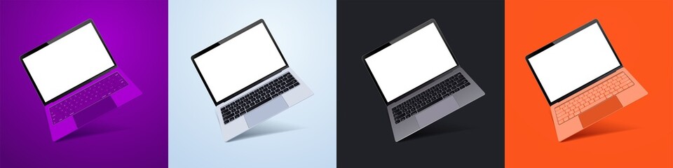 White laptop display screen in the rotated position on different fashionable and modern backgrounds. Different notebook colors purple, white, orange, black. Mockup generic device. UI/UX laptop