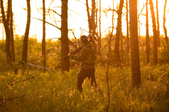 Adult man hunting with a recurved crossbow in the forest on an autumn day.