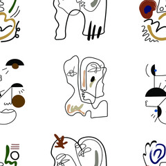 Seamless pattern. Abstract portraits. Female portrait. Contemporary drawing in modern cubism style.  Hand drawn vector. Transparent background