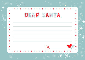 A letter to Santa Claus template. Cartoon Christmas wish list with cute funny alphabet in ugly sweater pattern style, with snowflakes. Vector illustration. Vertical orientation. Dear Santa Claus.